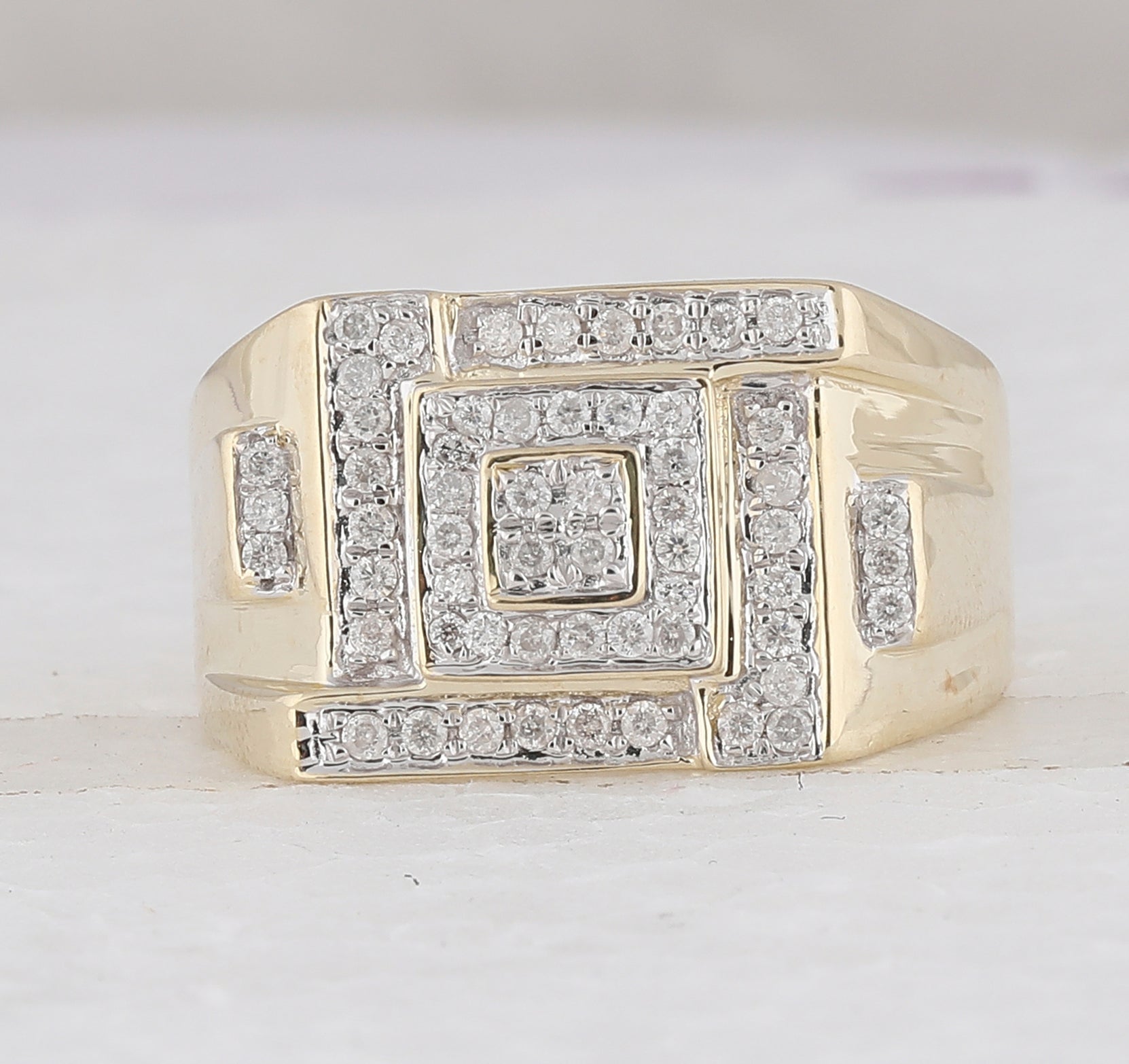 10K Yellow Gold Round Diamond Mens Square Cluster Ring 1/2 Cttw - Splendid Jewellery