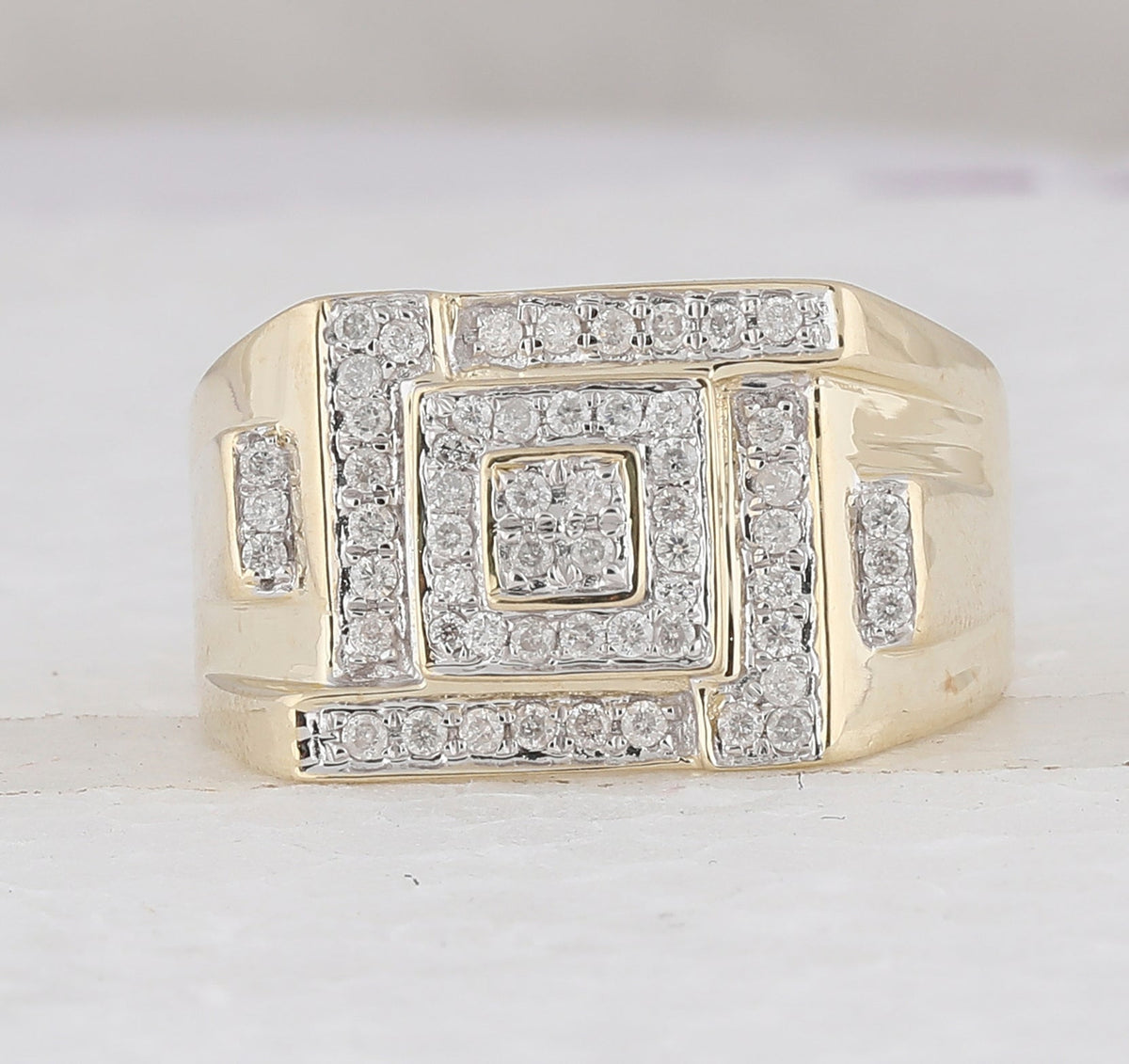 10K Yellow Gold Round Diamond Mens Square Cluster Ring 1/2 Cttw - Splendid Jewellery