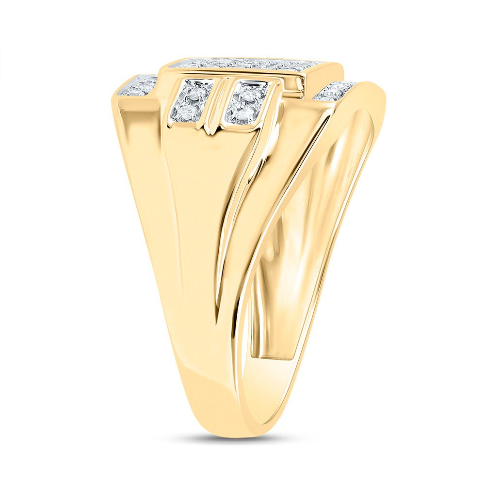 10K Yellow Gold Round Diamond Mens Square Cluster Ring 1/3 Cttw - Splendid Jewellery