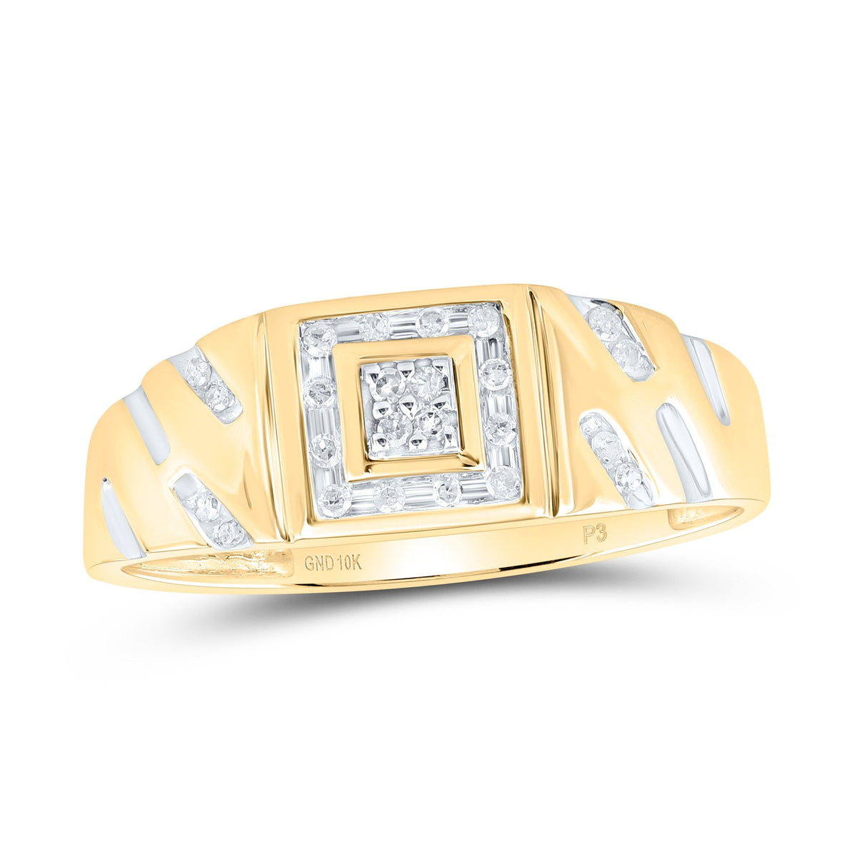 10K Yellow Gold Round Diamond Mens Square Cluster Ring 1/8 Cttw - Splendid Jewellery
