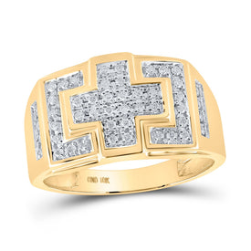 10K Yellow Gold Round Diamond Mens Square Cross Cluster Ring 1/3 Cttw - Splendid Jewellery