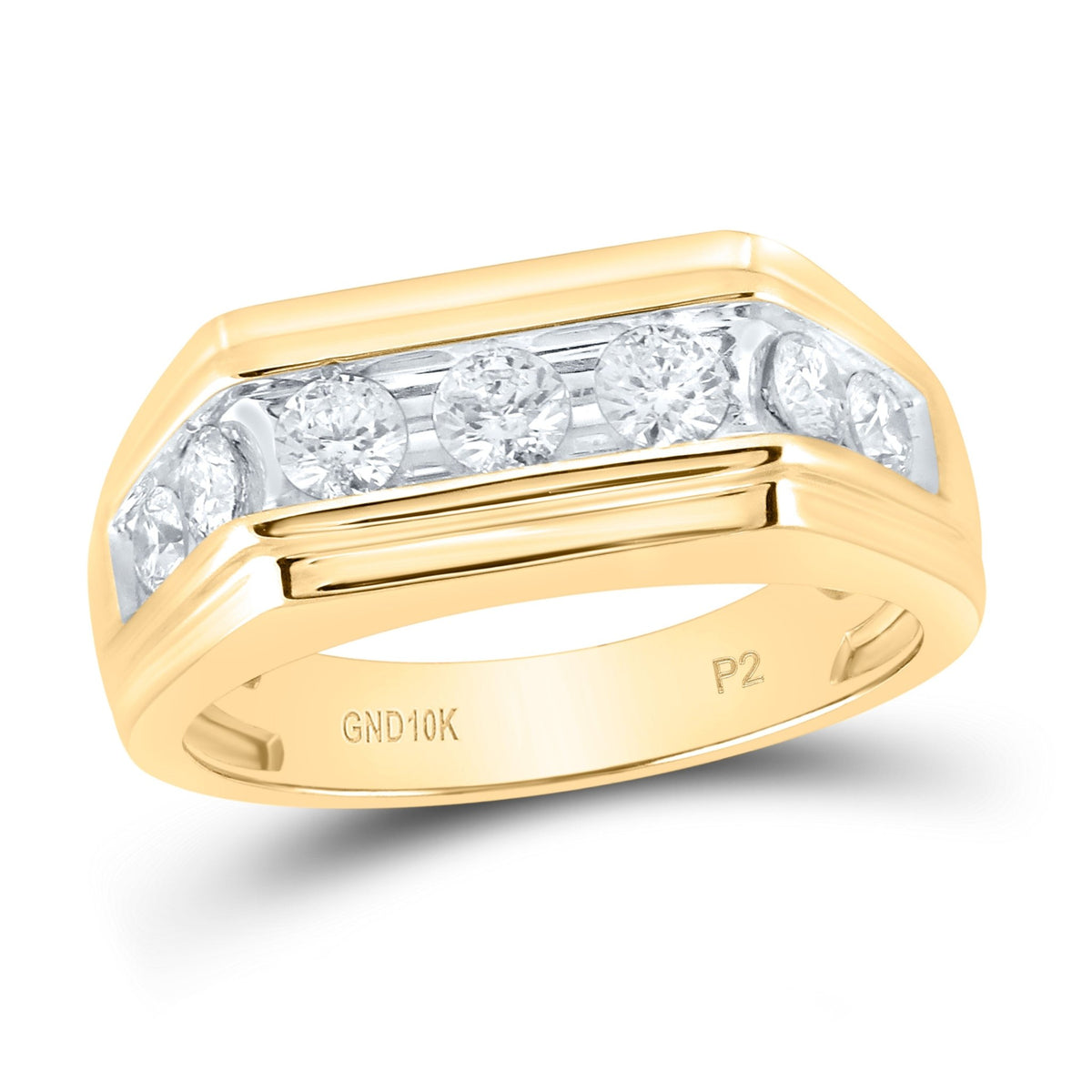 10K Yellow Gold Round Diamond Mens Squared Edges Single Row Band Ring 1 Cttw - Splendid Jewellery