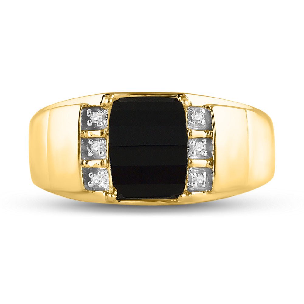 10K Yellow Gold Round Diamond Onyx Mens Ring 0.02 Cttw - Splendid Jewellery