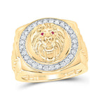 10K Yellow Gold Round Diamond Ruby Lion Face Mens Ring 1/2 Cttw - Splendid Jewellery