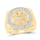10K Yellow Gold Round Diamond Ruby Lion Face Mens Ring 1/2 Cttw - Splendid Jewellery