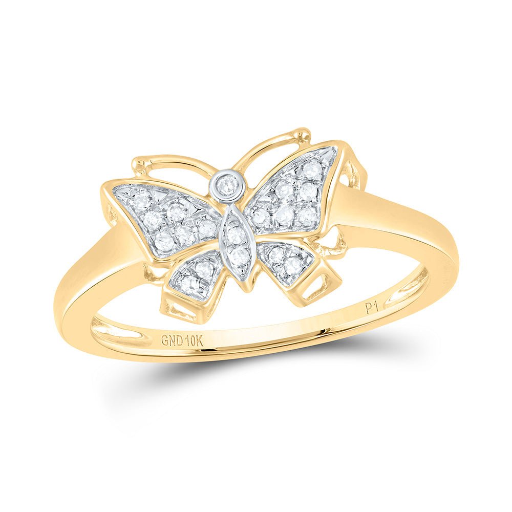 10K Yellow Gold Round Diamond Women's Butterfly Bug Cluster Ring 1/20 Cttw - Splendid Jewellery
