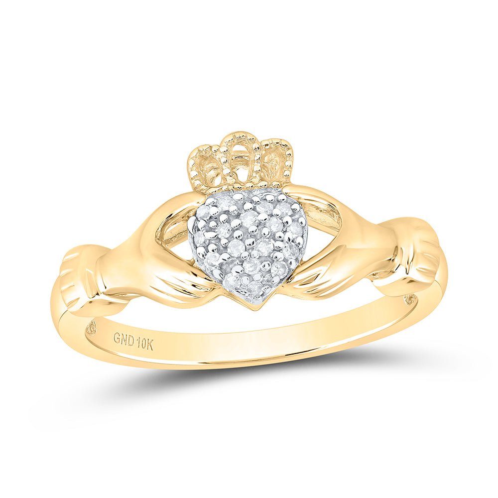 10K Yellow Gold Round Diamond Women's Claddagh Hands & Heart Cluster Ring 1/20 Cttw - Splendid Jewellery