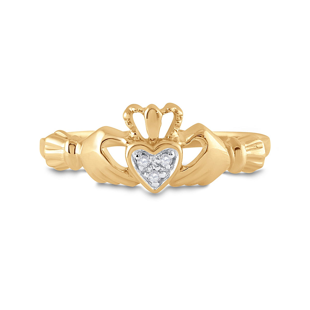 10K Yellow Gold Round Diamond Women's Claddagh Heart Ring . 0.02 Cttw - Splendid Jewellery