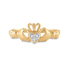 10K Yellow Gold Round Diamond Women's Claddagh Heart Ring . 0.02 Cttw - Splendid Jewellery