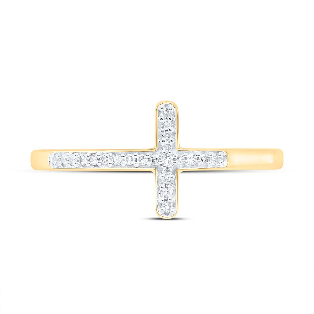 10K Yellow Gold Round Diamond Women's Cross Religious Band Ring 1/20 Cttw - Splendid Jewellery