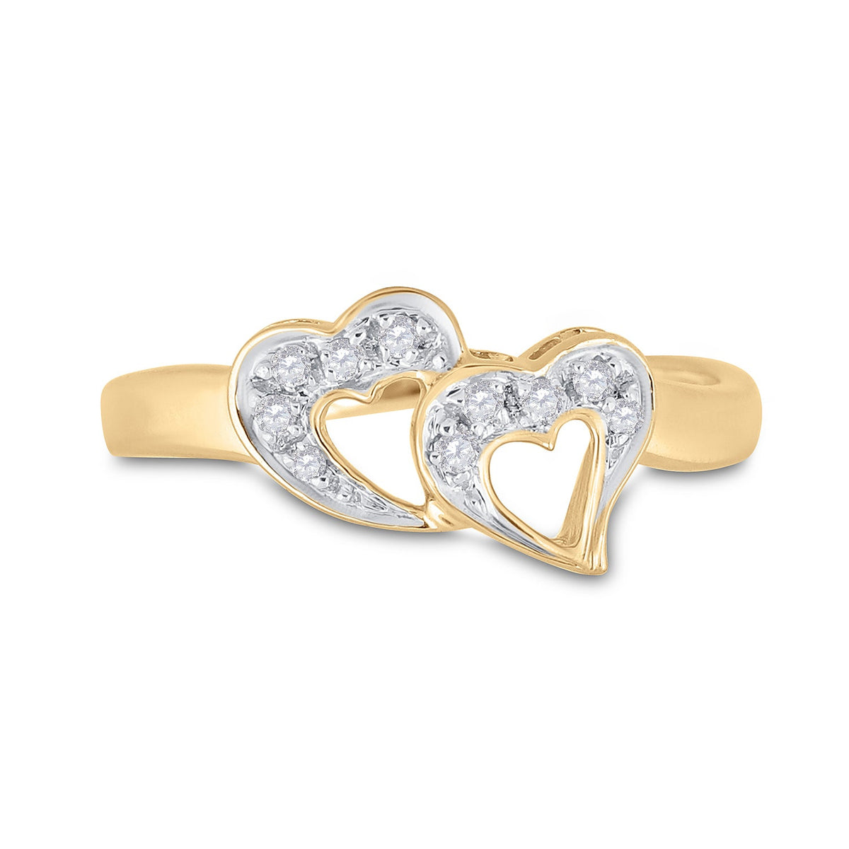 10K Yellow Gold Round Diamond Women's Double Heart Ring 1/20 Cttw - Splendid Jewellery