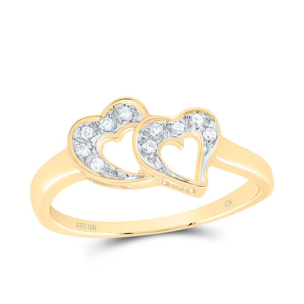 10K Yellow Gold Round Diamond Women's Double Heart Ring 1/20 Cttw - Splendid Jewellery