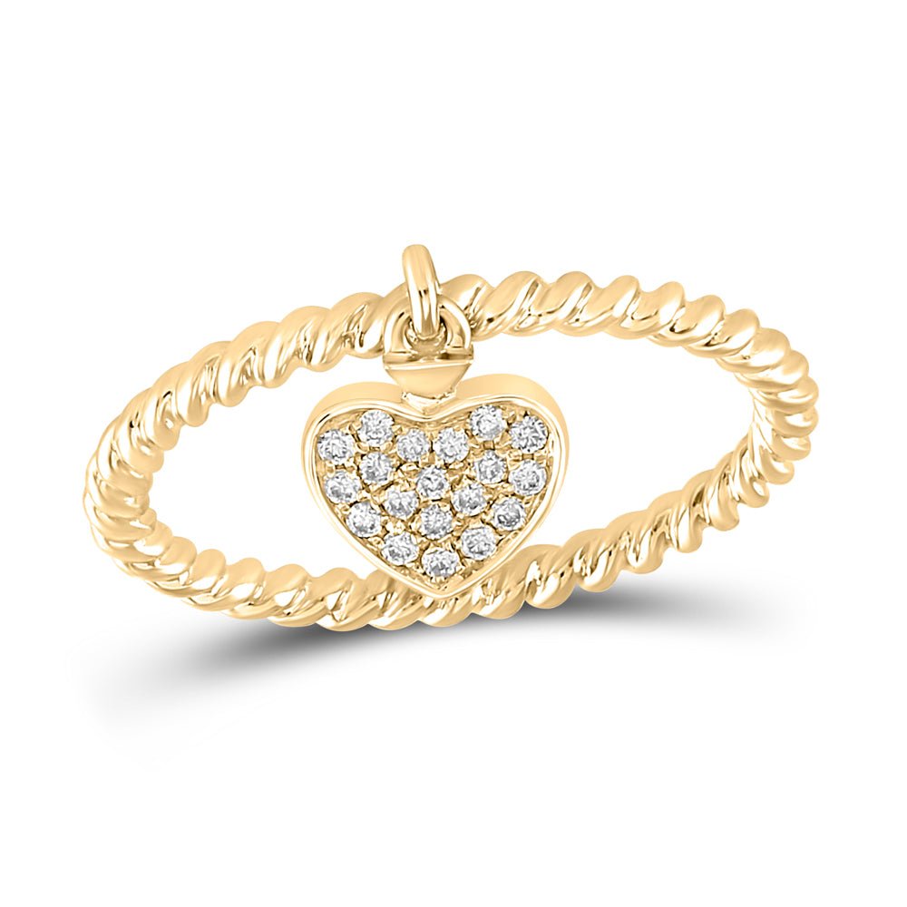 10K Yellow Gold Round Diamond Women's Heart Dangle Rope Stackable Band Ring 1/10 Cttw - Splendid Jewellery