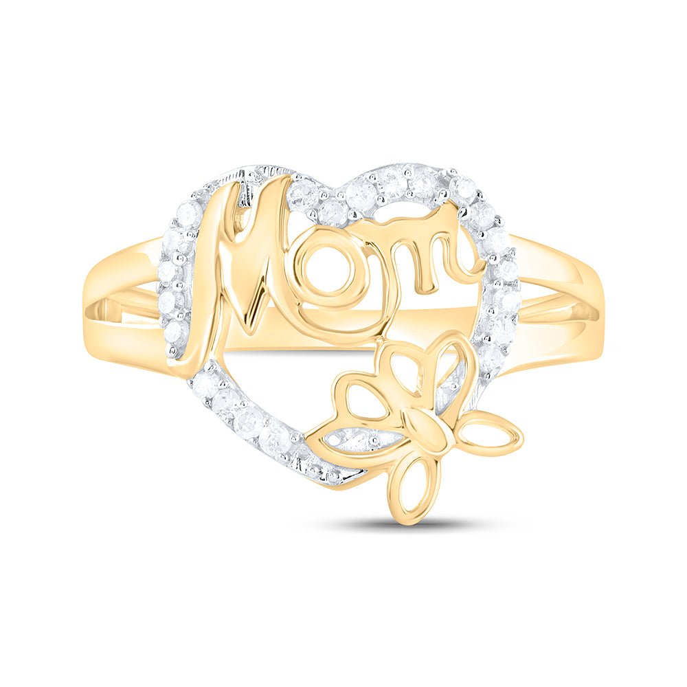10K Yellow Gold Round Diamond Women's Mom Mother Heart Butterfly Ring 1/6 Cttw - Splendid Jewellery