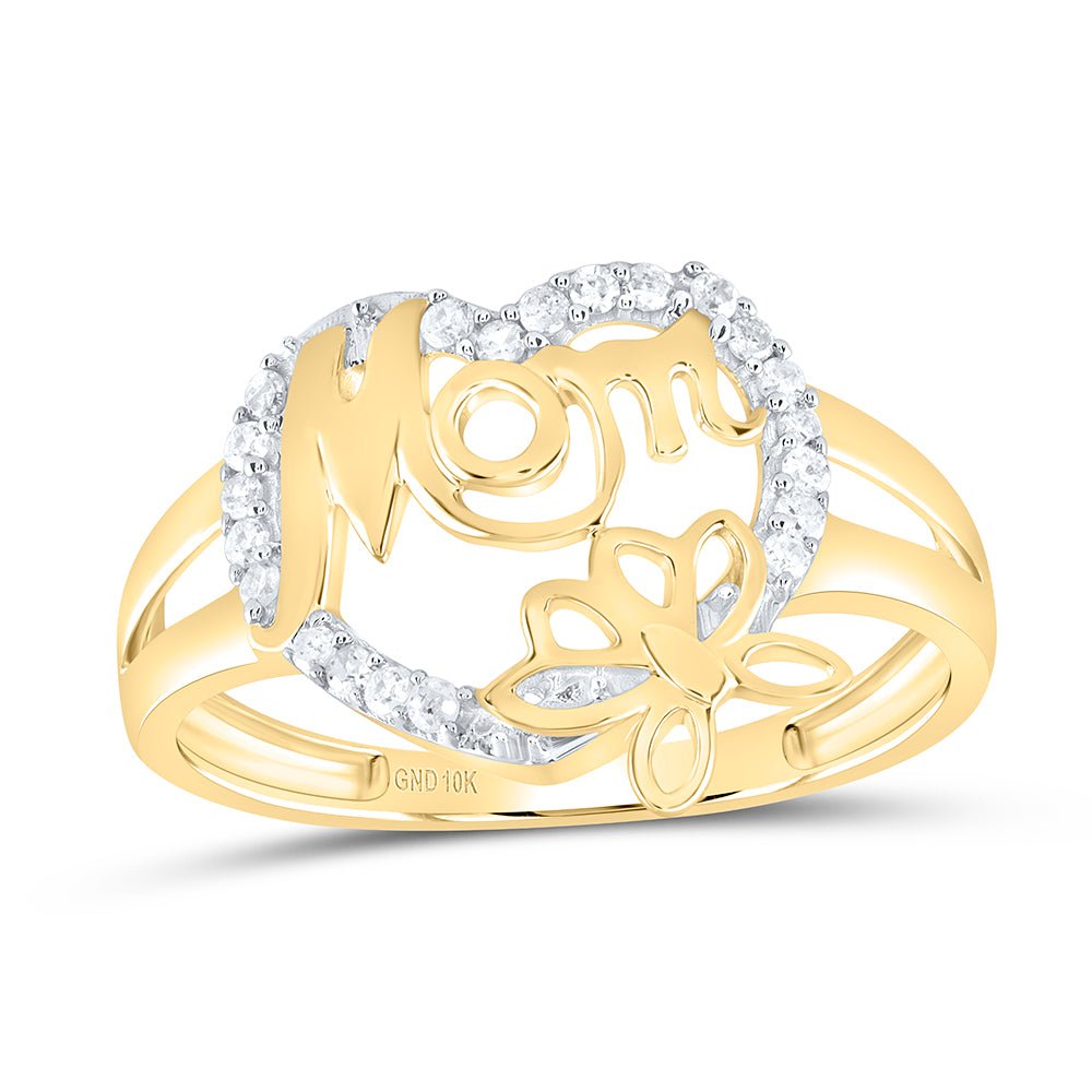 10K Yellow Gold Round Diamond Women's Mom Mother Heart Butterfly Ring 1/6 Cttw - Splendid Jewellery
