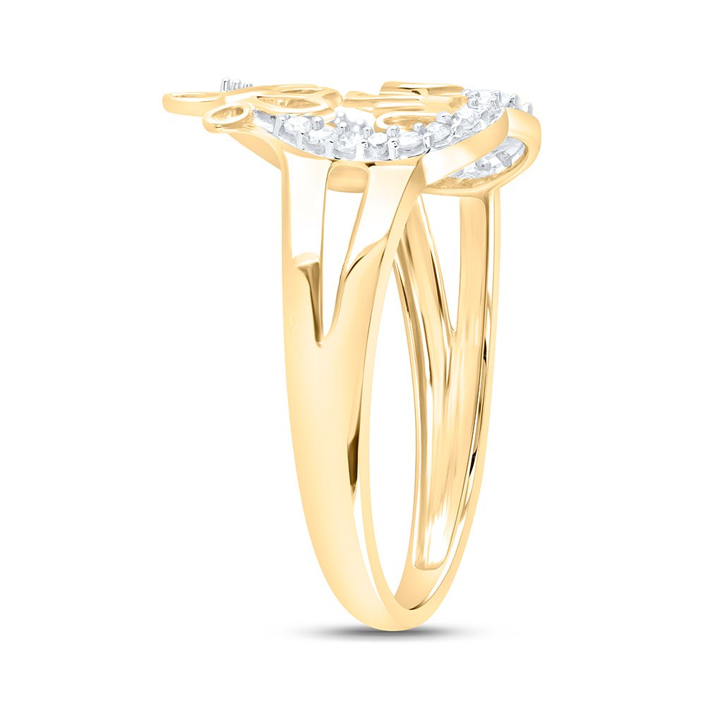 10K Yellow Gold Round Diamond Women's Mom Mother Heart Butterfly Ring 1/6 Cttw - Splendid Jewellery