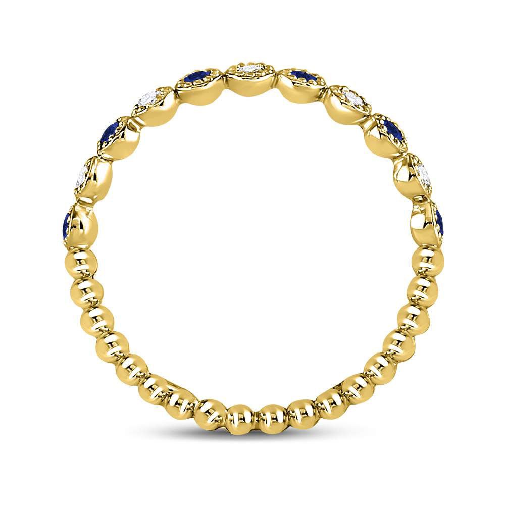 10K Yellow Gold Round Natural Blue Sapphire Beaded Dot Stackable Band Ring 1/12 Cttw - Splendid Jewellery