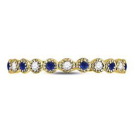 10K Yellow Gold Round Natural Blue Sapphire Beaded Dot Stackable Band Ring 1/12 Cttw - Splendid Jewellery
