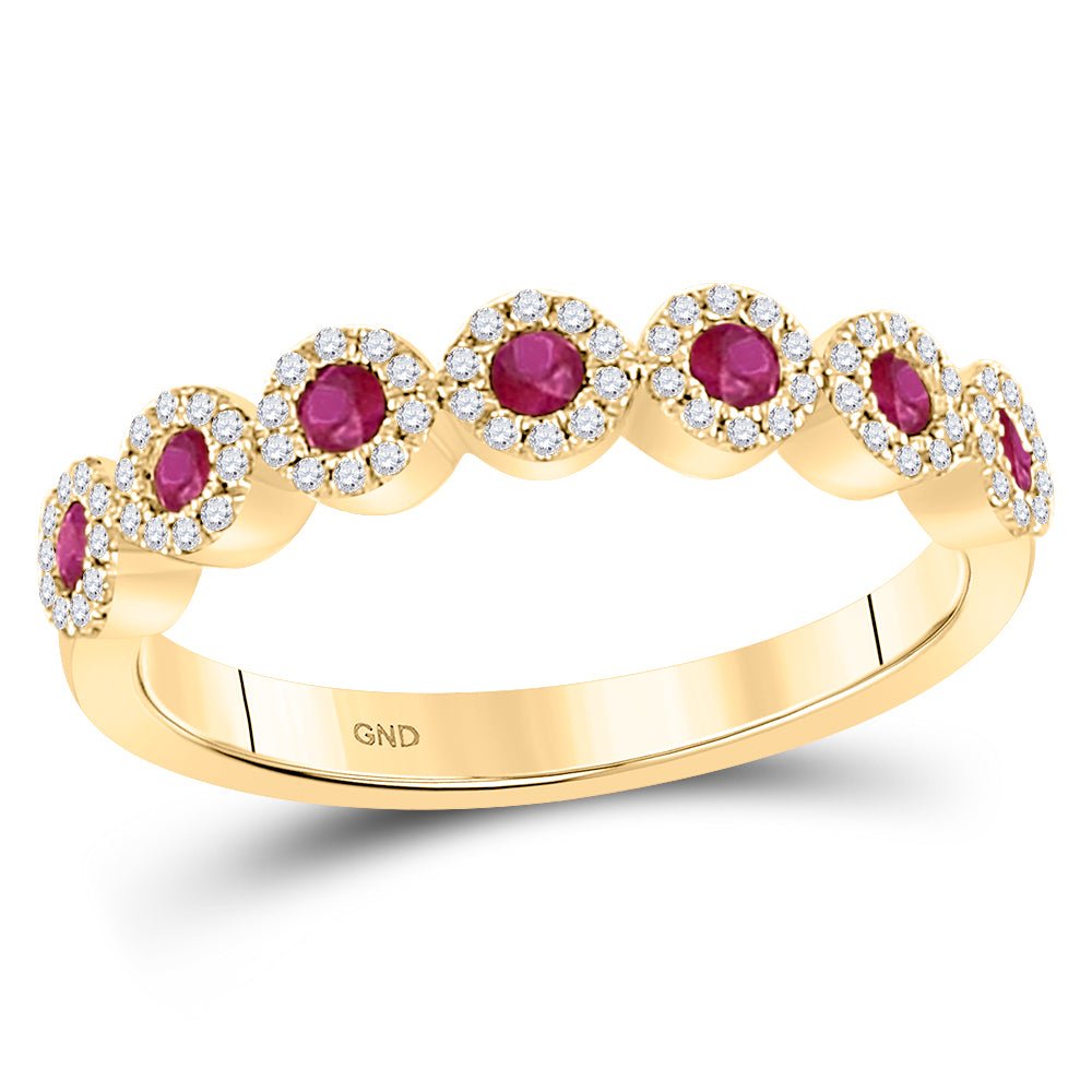 10K Yellow Gold Round Natural Ruby Halo Stackable Band Ring 1/5 Cttw - Splendid Jewellery