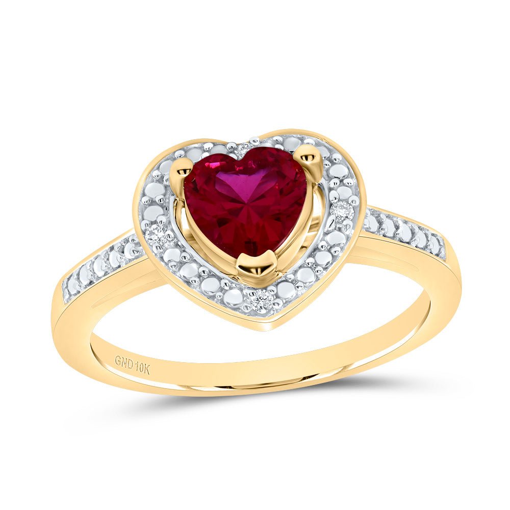 10K Yellow Gold Round Synthetic Ruby Women's Lab Created Ruby Heart Ring 0.03 Cttw - Splendid Jewellery