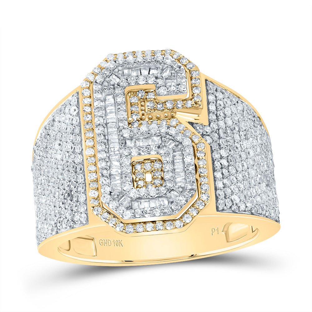 10K Yellow White Diamond Number "6" Men's Ring 1 5/8 Cttw - Splendid Jewellery
