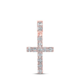 10kt Rose Gold Baguette and Round Diamond Cross Pendant - 1 - 3/4 Cttw - Splendid Jewellery