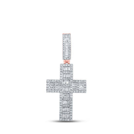 10kt Rose Gold Baguette and Round Diamond Cross Pendant - 1 - 5/8 Cttw - Splendid Jewellery