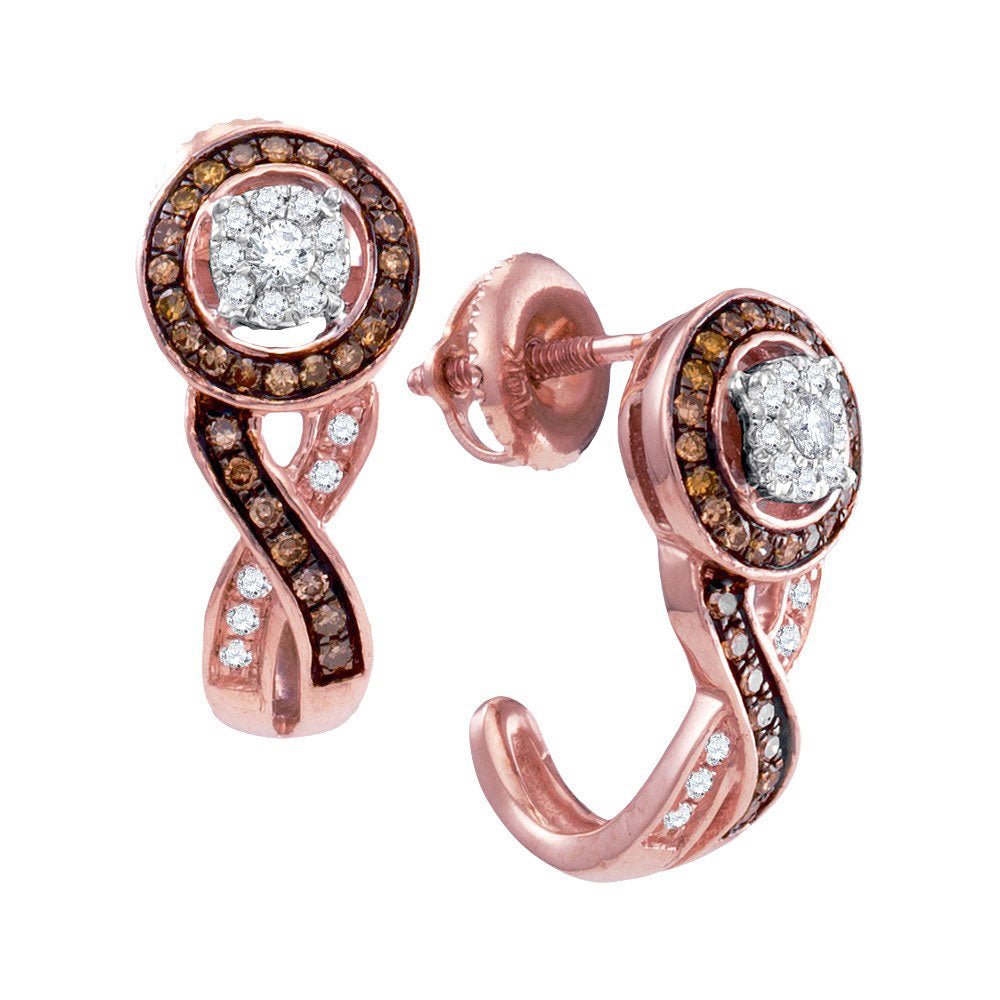 10kt Rose Gold Brown Diamond Cluster J Hoop Earrings: Luxurious Elegance - Splendid Jewellery
