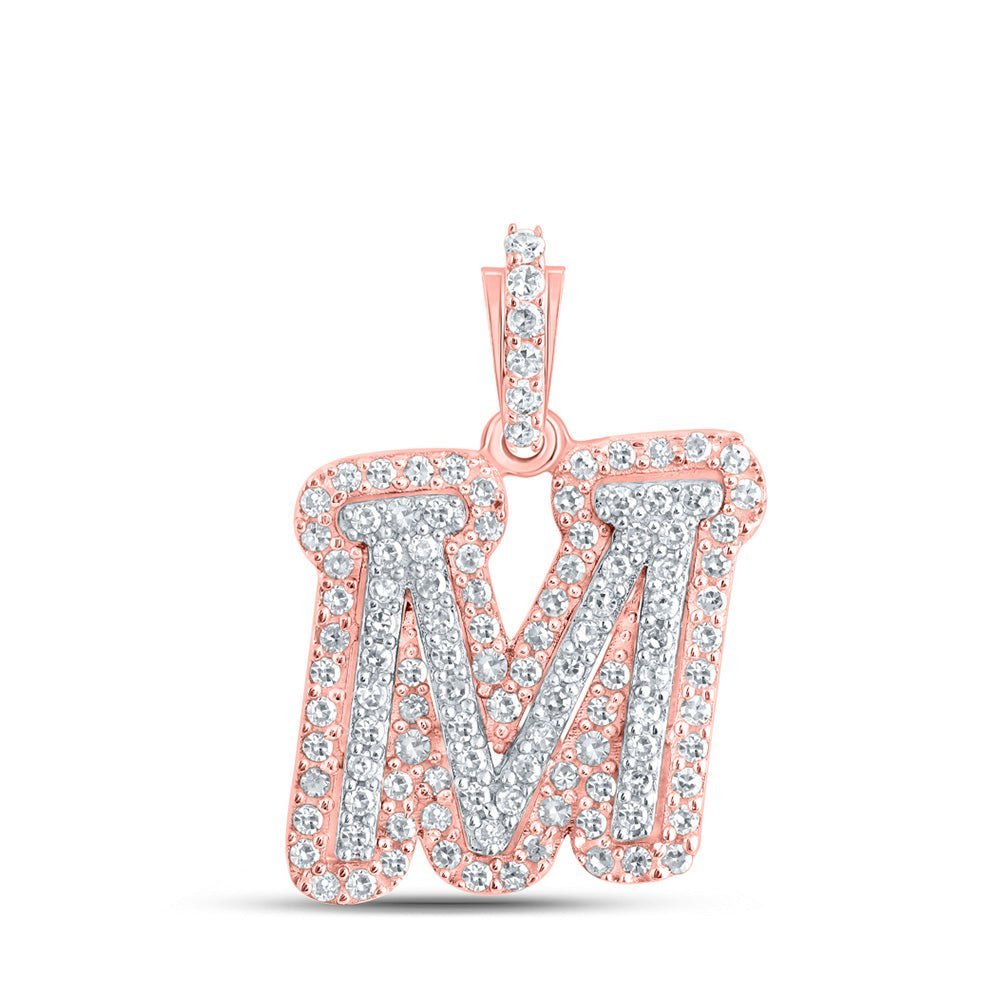 10kt Rose Gold Mens Round Diamond M Initial Letter Charm Pendant 1/4 Cttw - Splendid Jewellery