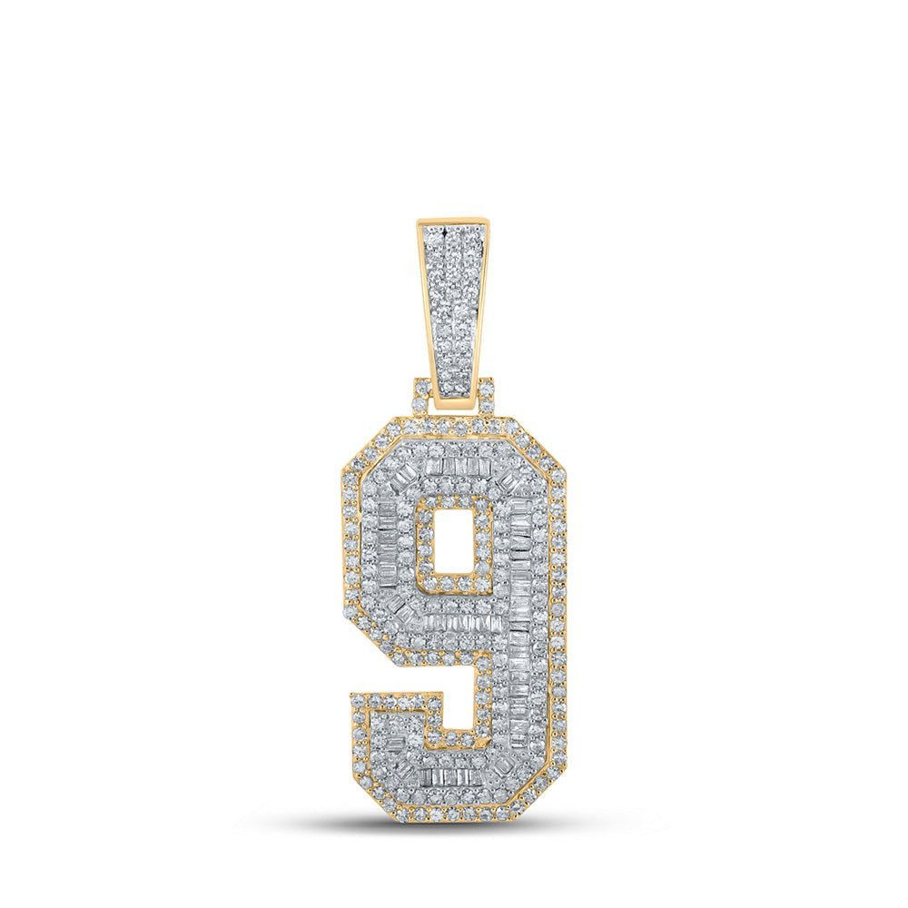 10kt Two - tone Gold Baguette and Round Diamond Number 9 Charm Pendant - 1 - 5/8 Cttw - Splendid Jewellery