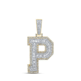 10kt Two - tone Gold Men's Baguette Diamond P Initial Letter Charm Pendant - 1 - 7/8 Cttw - Splendid Jewellery