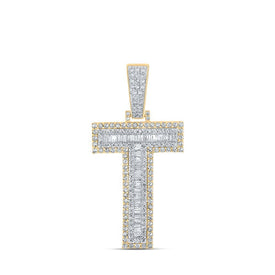 10kt Two - tone Gold Mens Baguette Diamond T Initial Letter Charm Pendant - A Dazzling Statement Piece for Men - Splendid Jewellery