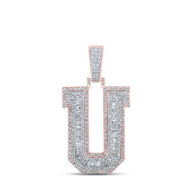 10kt Two - tone Gold Mens Baguette Diamond U Initial Letter Charm Pendant 1 - 7/8 Cttw - Splendid Jewellery