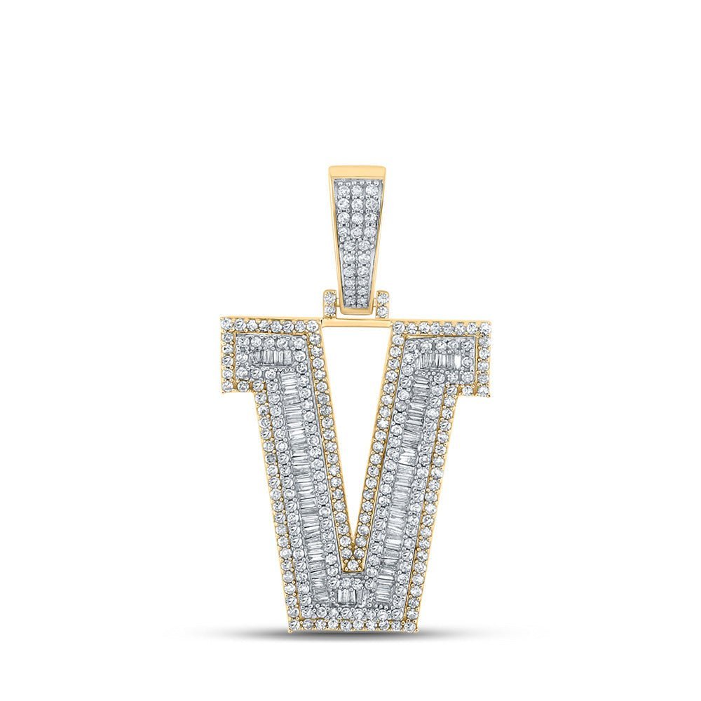 10kt Two - tone Gold Men's Baguette Diamond V Initial Letter Charm Pendant - 2 Cttw - Splendid Jewellery