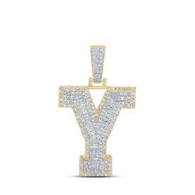 10kt Two - tone Gold Mens Baguette Diamond Y Initial Letter Charm Pendant - 1 - 5/8 Cttw | Splendid Jewellery - Splendid Jewellery