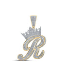 10kt Two - tone Gold Men's Diamond Crown R Letter Charm Pendant - 1 - 7/8 Cttw - Splendid Jewellery