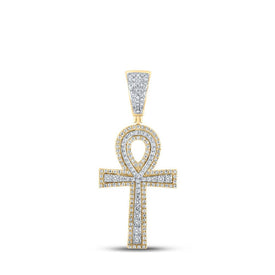 10kt Two - tone Gold Mens Round Diamond Ankh Cross Charm Pendant - Exquisite Masculine Elegance - Splendid Jewellery