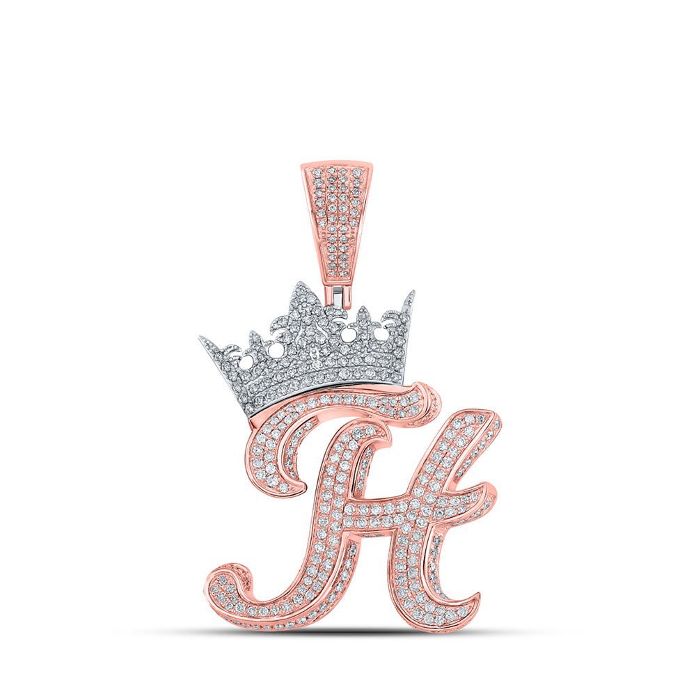 10kt Two - tone Gold Mens Round Diamond Crown H Letter Charm Pendant - 1 - 7/8 Cttw | Splendid Jewellery - Splendid Jewellery