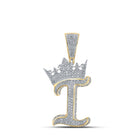 10kt Two - tone Gold Mens Round Diamond Crown I Letter Charm Pendant 1 - 1/3 Cttw - Splendid Jewellery