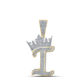 10kt Two - tone Gold Mens Round Diamond Crown I Letter Charm Pendant 1 - 1/3 Cttw - Splendid Jewellery