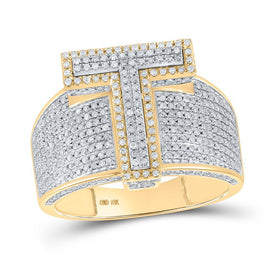 10kt Two - tone Gold Mens Round Diamond T Initial Letter Ring 1 - 1/5 Cttw - Splendid Jewellery