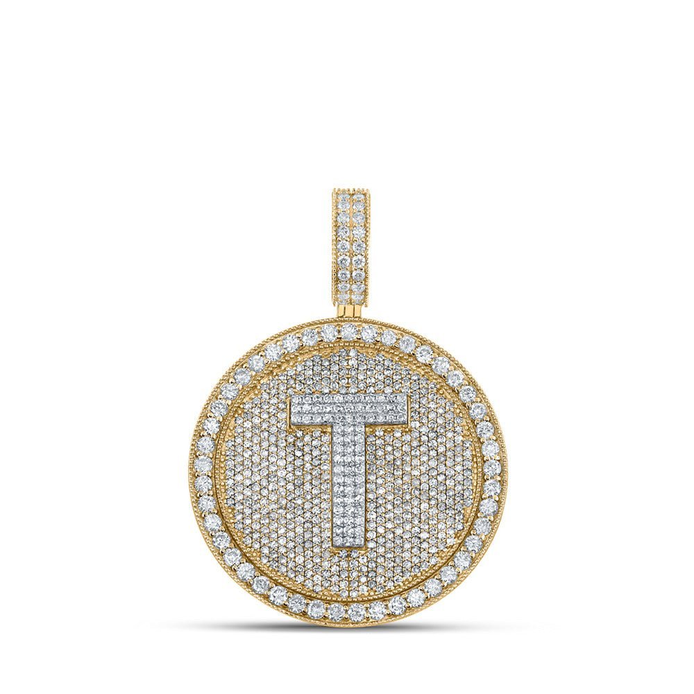 10kt Two - tone Gold Men's Round Diamond T Letter Circle Charm Pendant - 3 - 7/8 Cttw - Splendid Jewellery