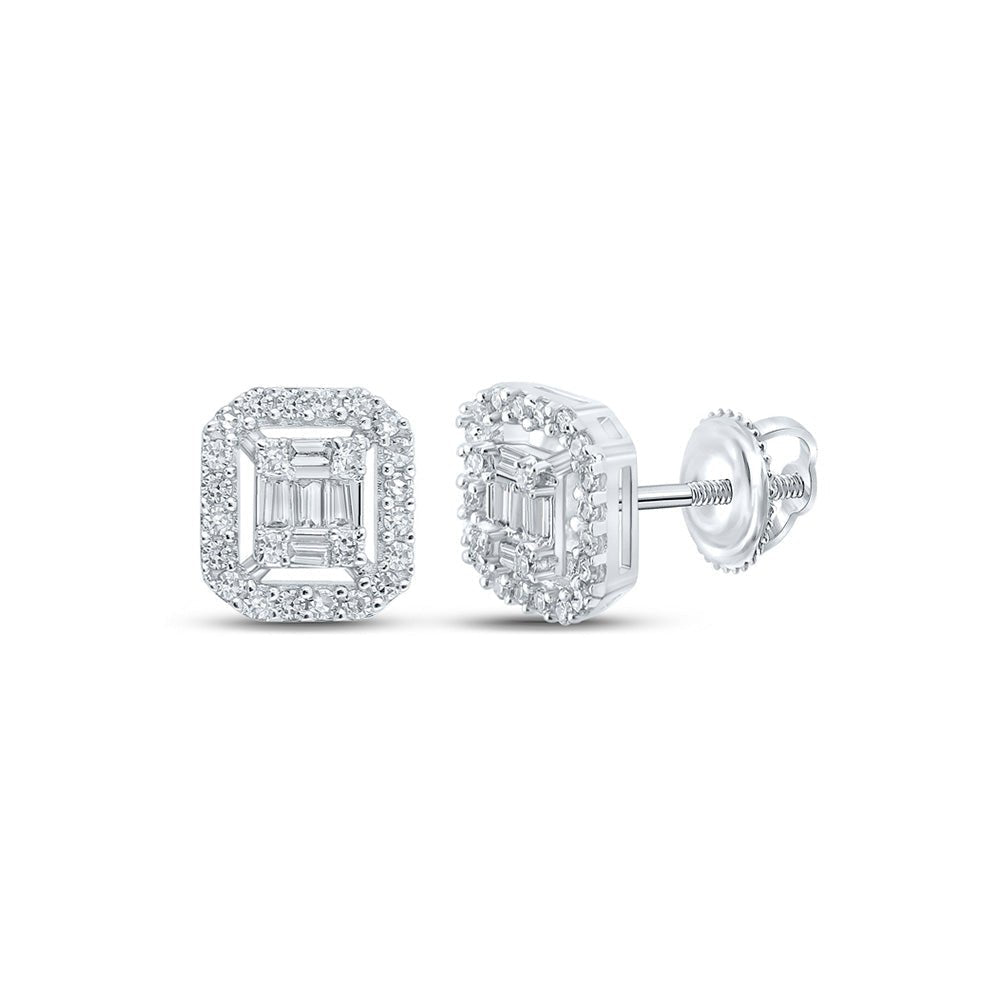 10kt White Gold Baguette and Round Diamond Cluster Earrings for Men - 1/4 Cttw - Splendid Jewellery
