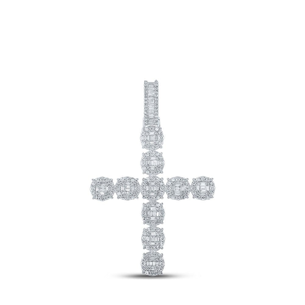10kt White Gold Baguette and Round Diamond Cross Pendant - 1 - 7/8 Cttw - Splendid Jewellery