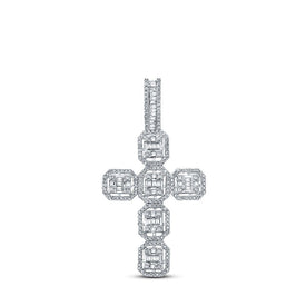 10kt White Gold Baguette and Round Diamond Cross Pendant - 1 Cttw - Splendid Jewellery