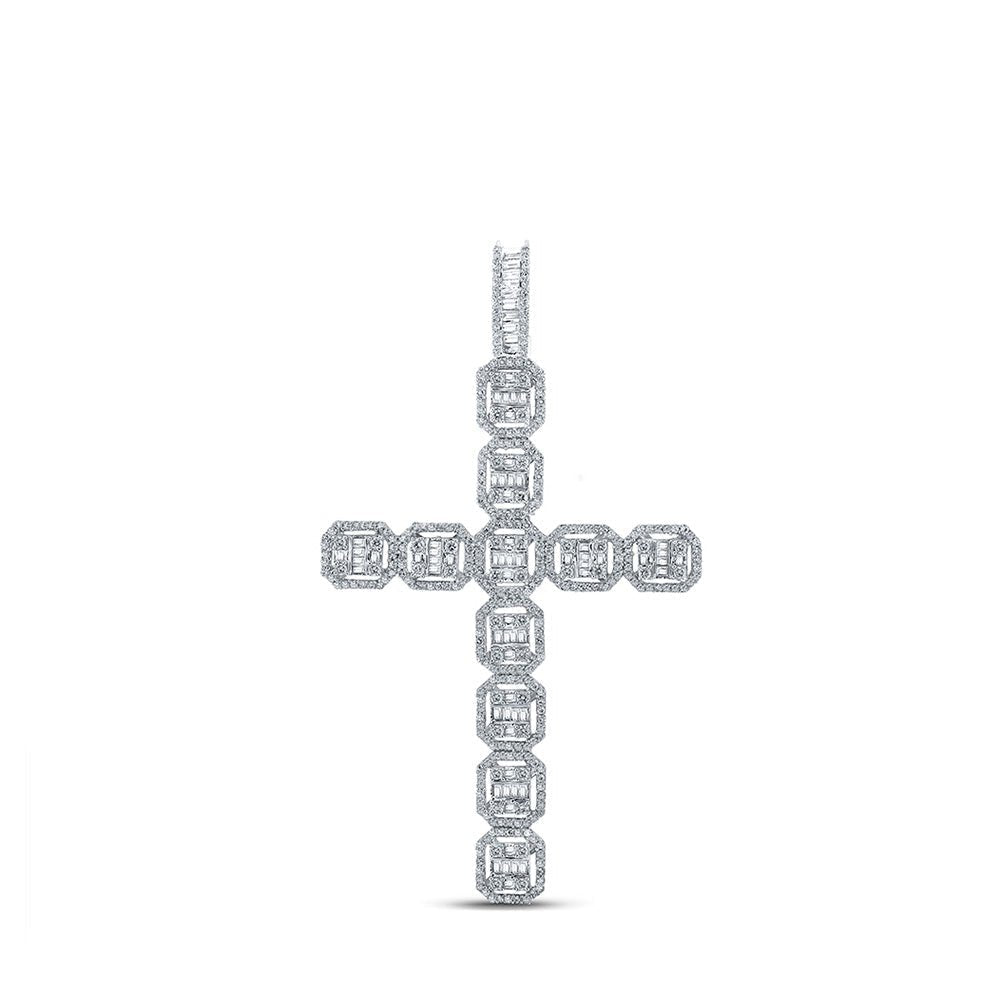 10kt White Gold Baguette and Round Diamond Cross Pendant - 2 - 1/3 Cttw - Splendid Jewellery