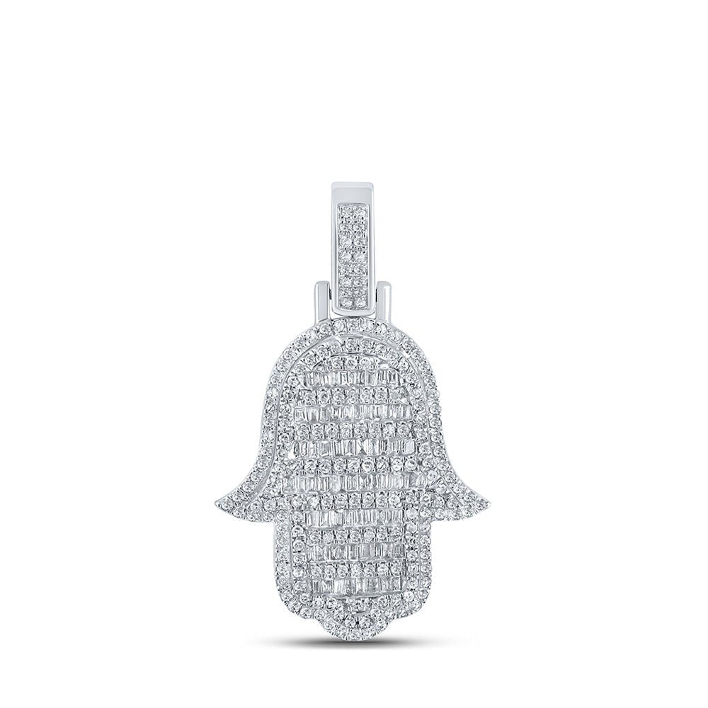 10kt White Gold Baguette Diamond Hamsa Charm Pendant for Men - 7/8 Cttw - Splendid Jewellery