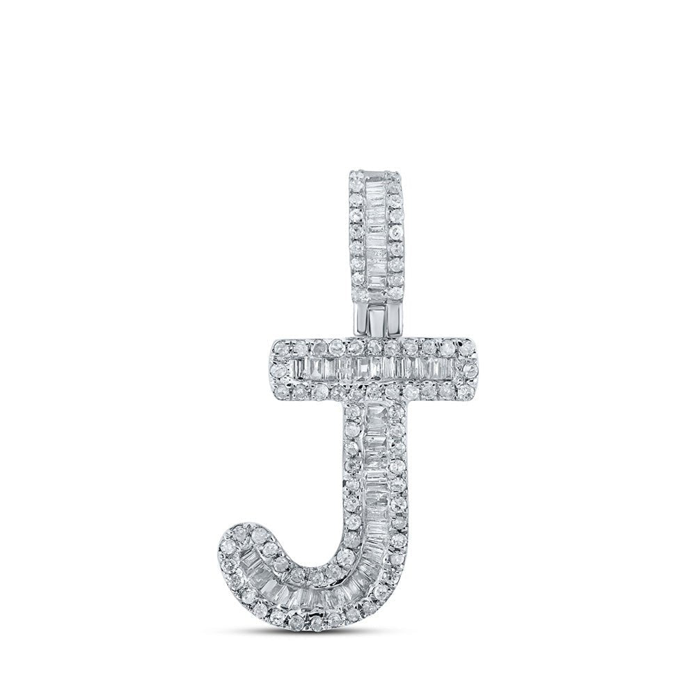 10kt White Gold Baguette Diamond J Initial Pendant - 3/8 Cttw - Men's Charm Necklace - Splendid Jewellery