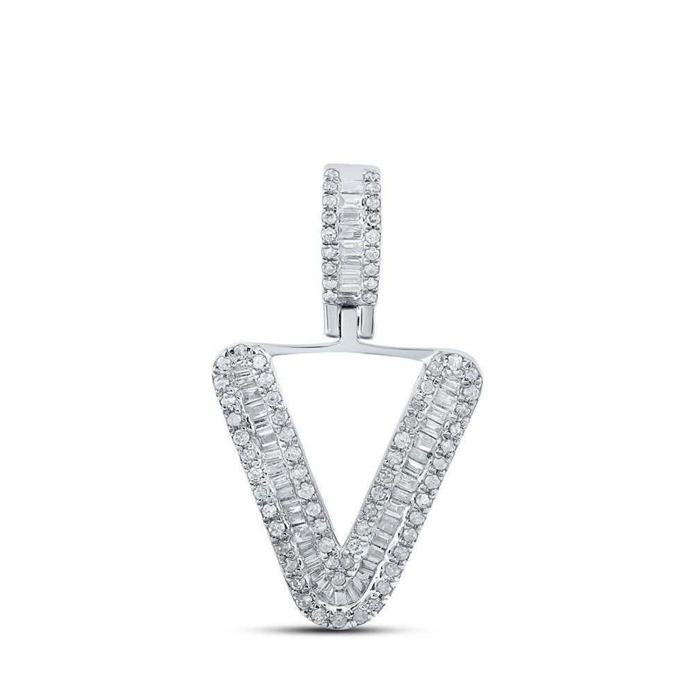 10kt White Gold Baguette Diamond V Initial Charm Pendant for Men - Splendid Jewellery
