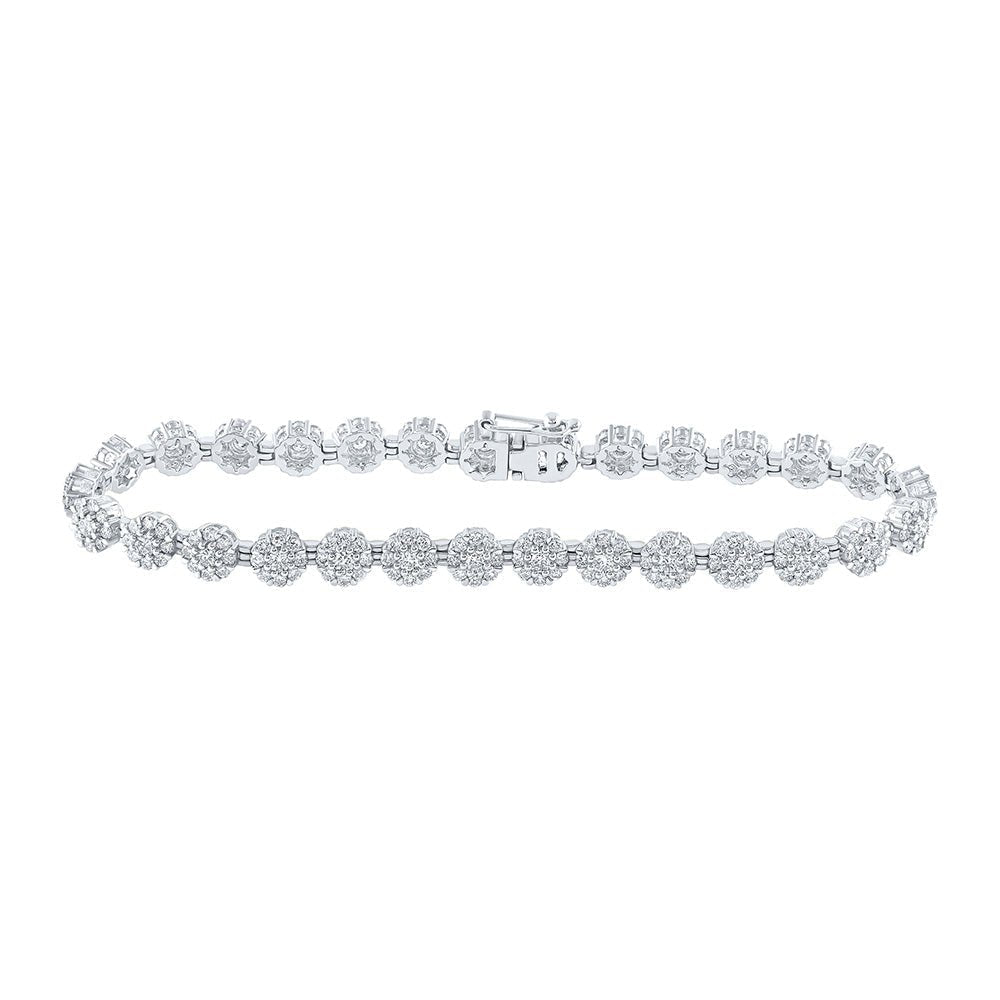 10kt White Gold Diamond Flower Cluster Link Bracelet - 3 - 7/8 Cttw - Splendid Jewellery